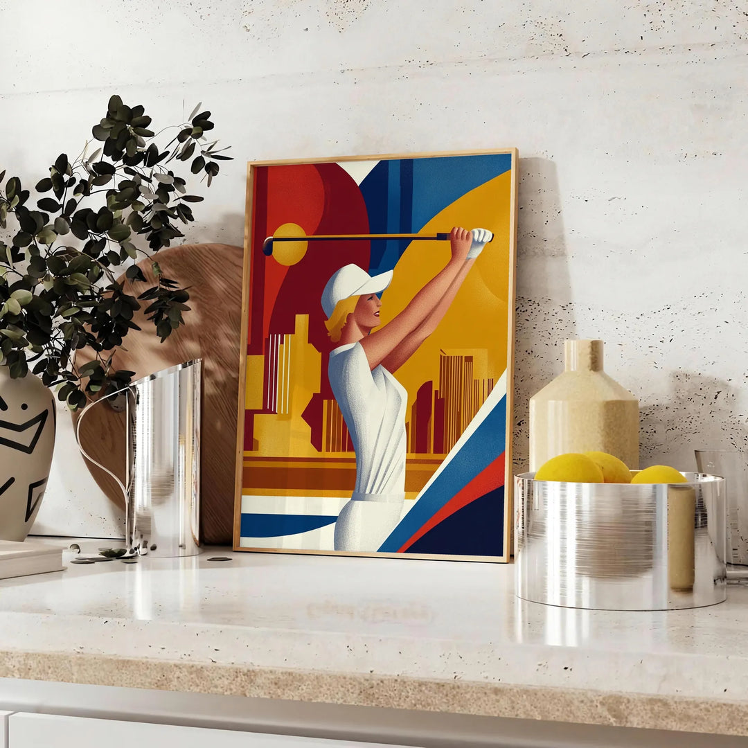 Vintage orange and white poster of a woman playing golf