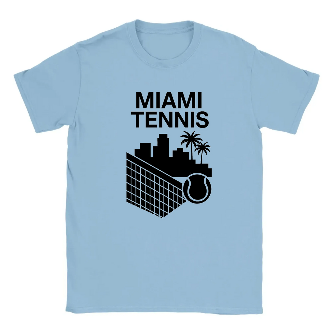 T-shirt featuring a graphic of a tennis player in action against a Miami skyline