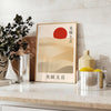Minimalist design featuring a red sun on a gray background