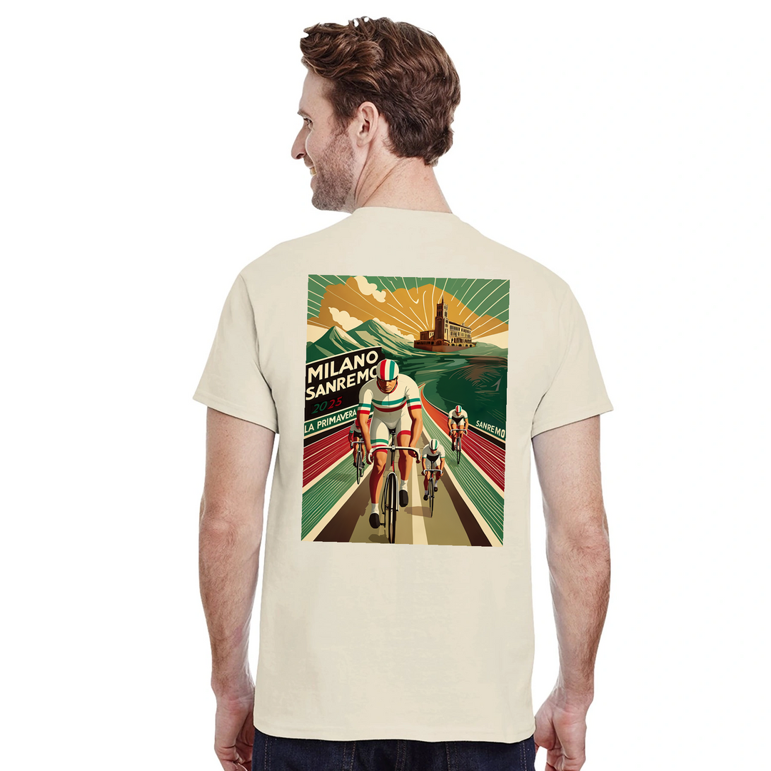 T-shirt featuring a graphic of the Milano–Sanremo cycling race