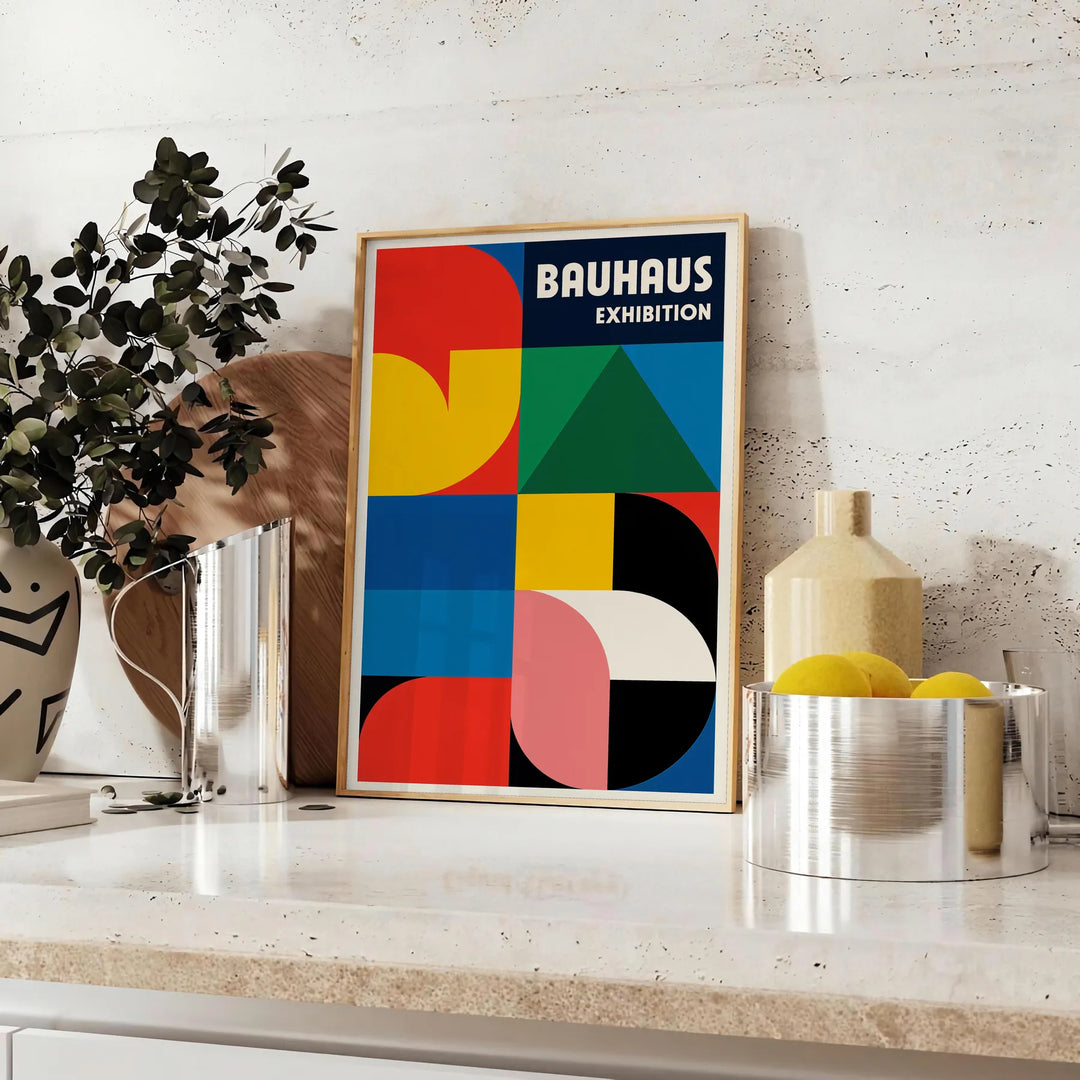Bauhaus poster featuring blue and red geometric shapes in minimalist style