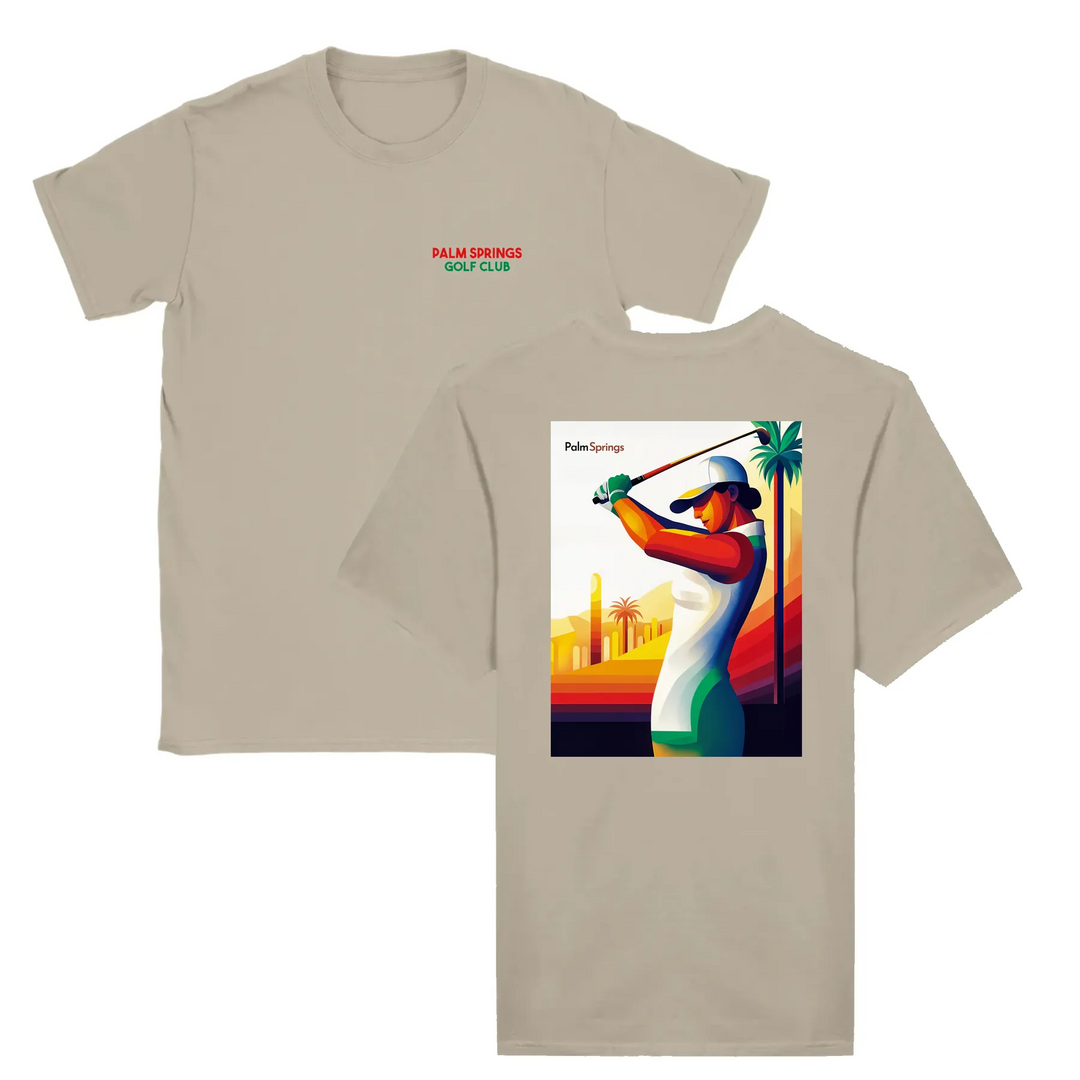 T-shirt featuring a graphic of a golf scene in Palm Springs