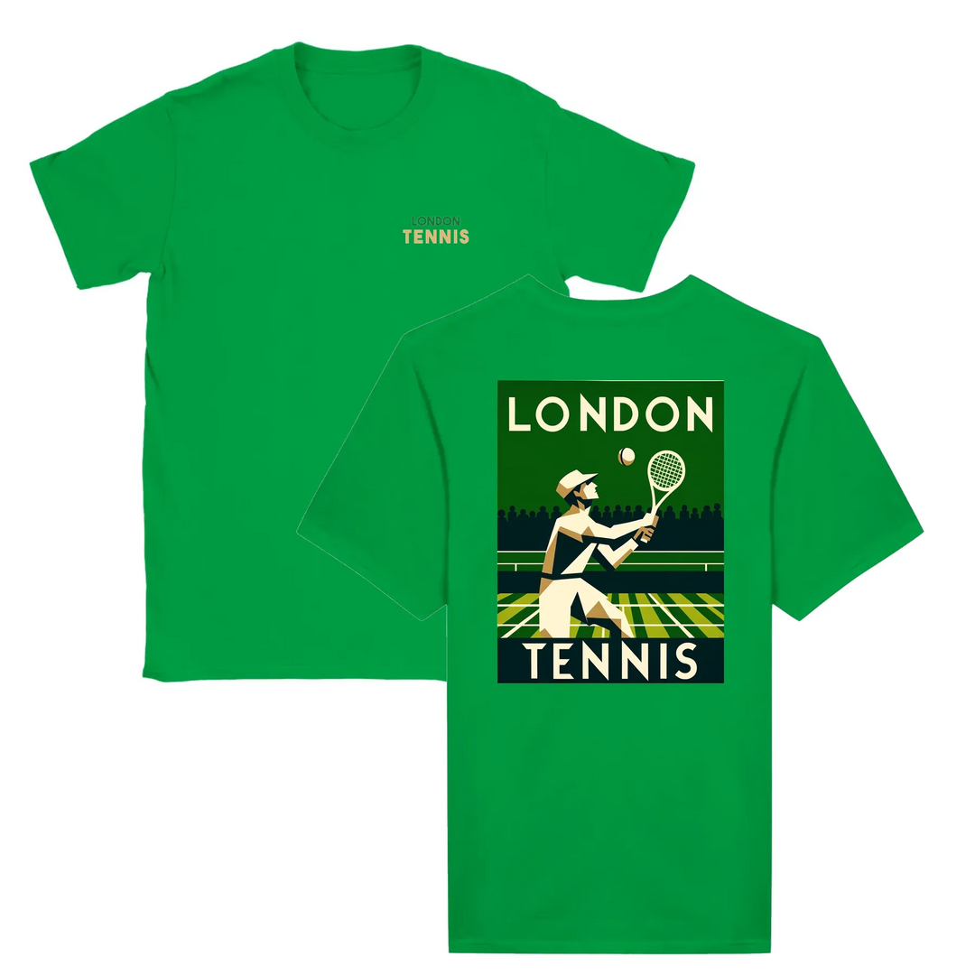 T-shirt featuring a graphic of tennis rackets and a ball in a dynamic design