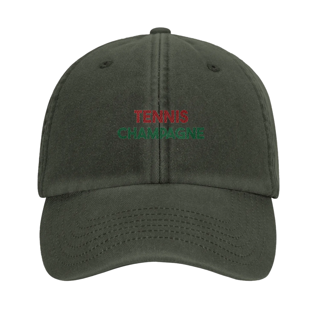 Embroidered cap featuring a vintage tennis design with champagne elements
