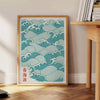 Japanese wave design in shades of blue with red and orange accents