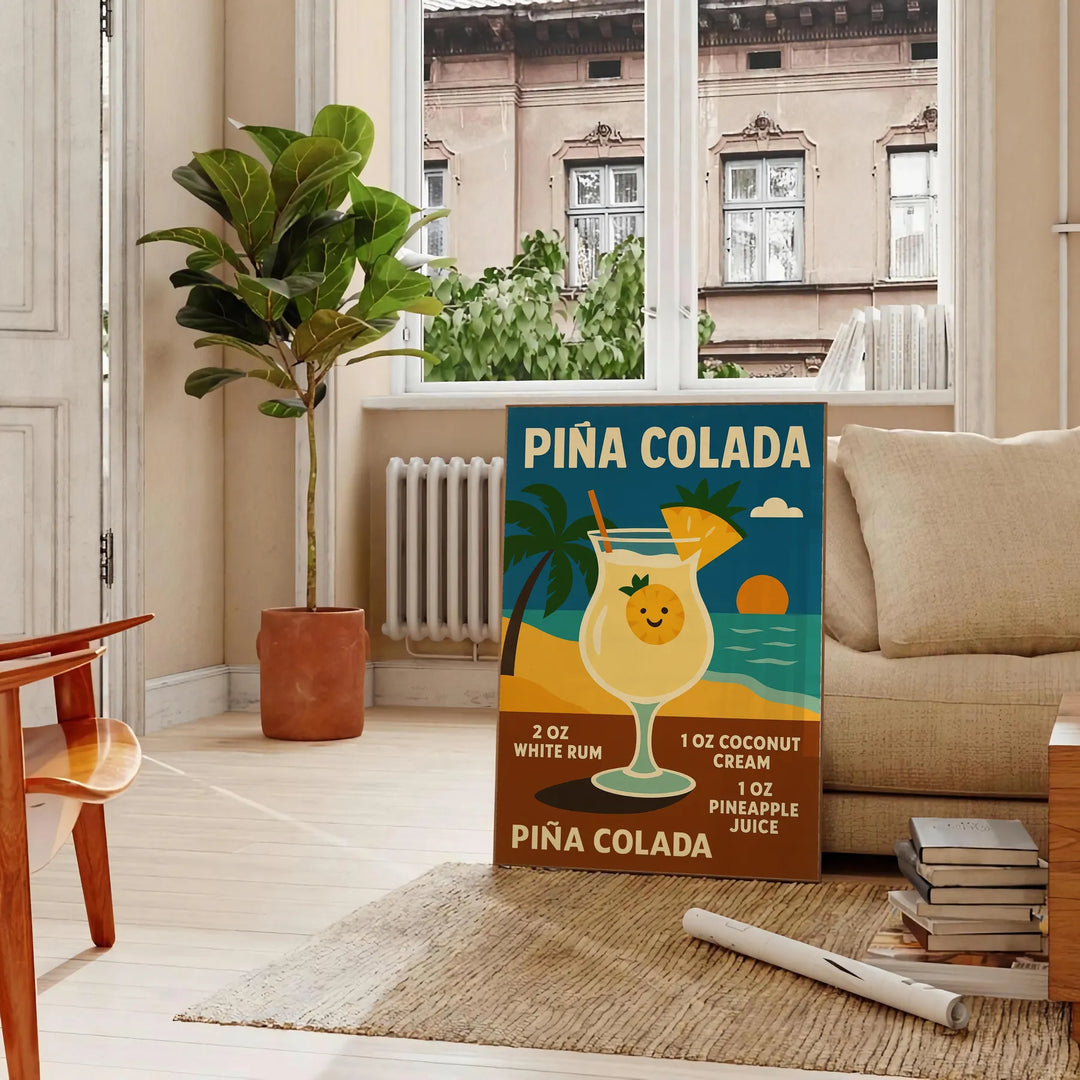 Retro illustration of a Pina Colada cocktail with orange and yellow hues