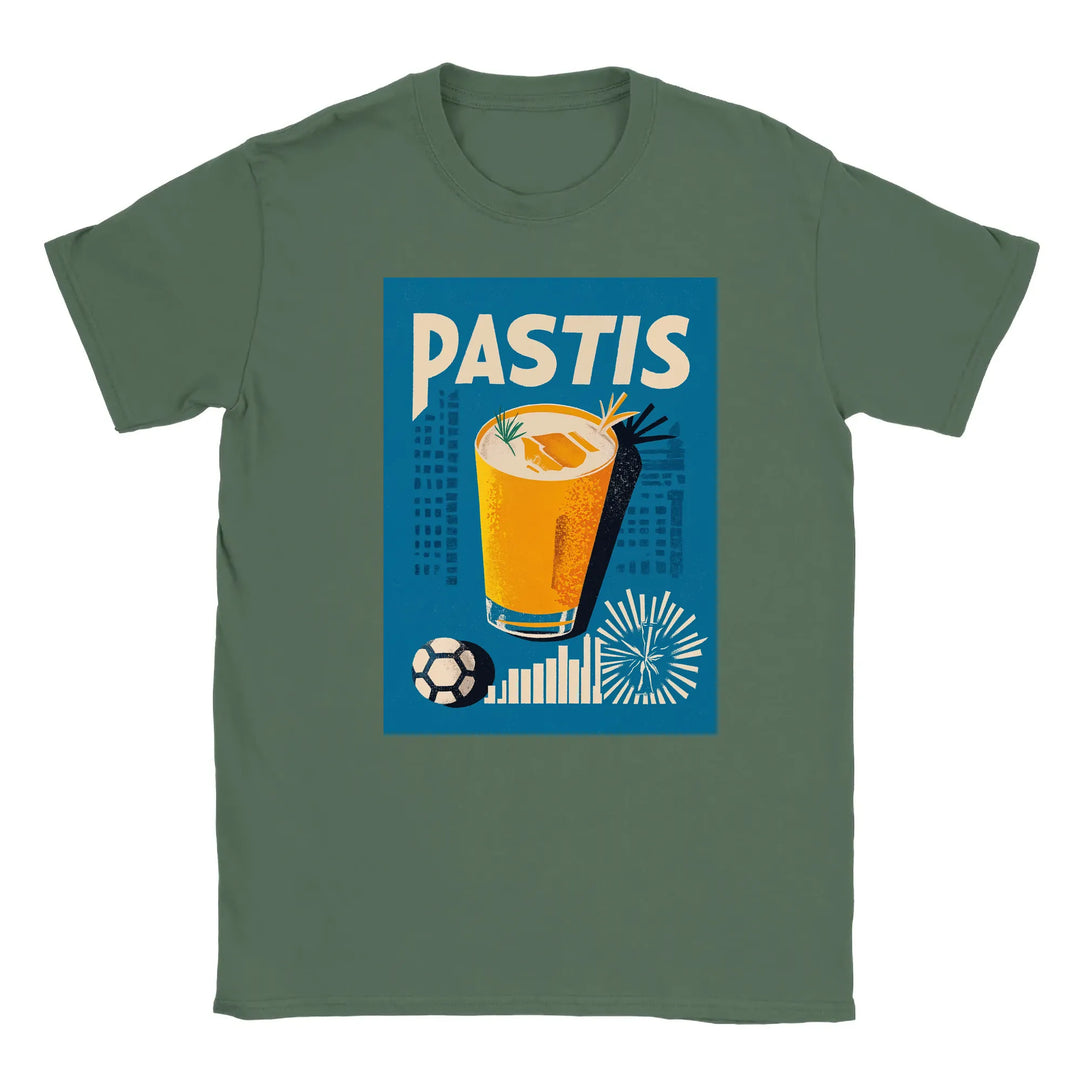 T-shirt featuring a graphic of a Pastis cocktail and Marseille skyline
