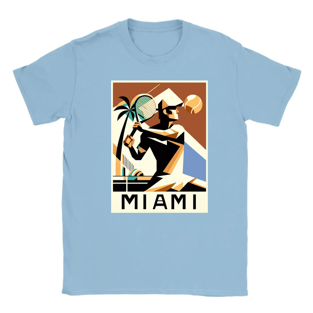 T-shirt featuring a graphic of tennis rackets and a Miami skyline
