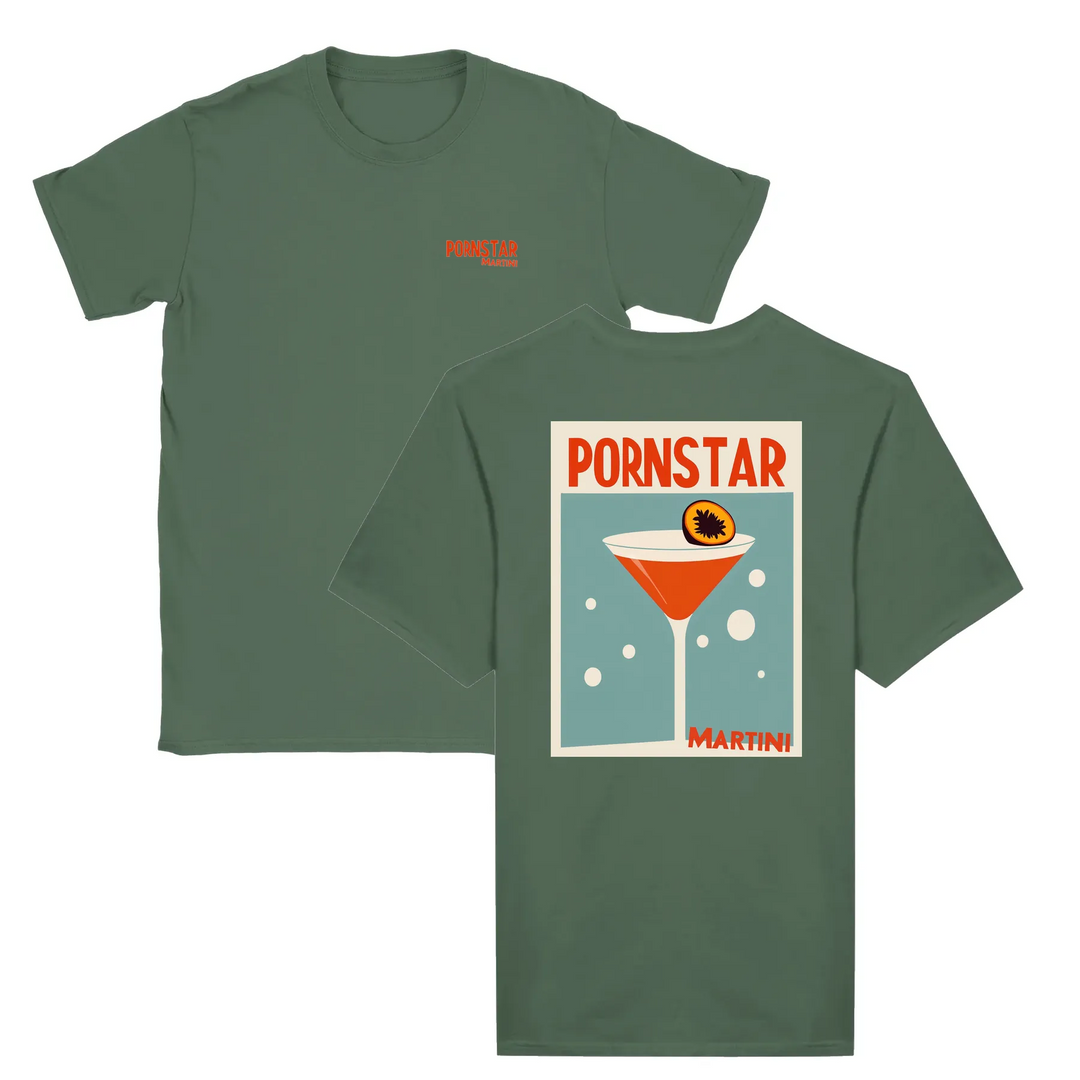 T-shirt featuring a graphic of a Pornstar Martini cocktail