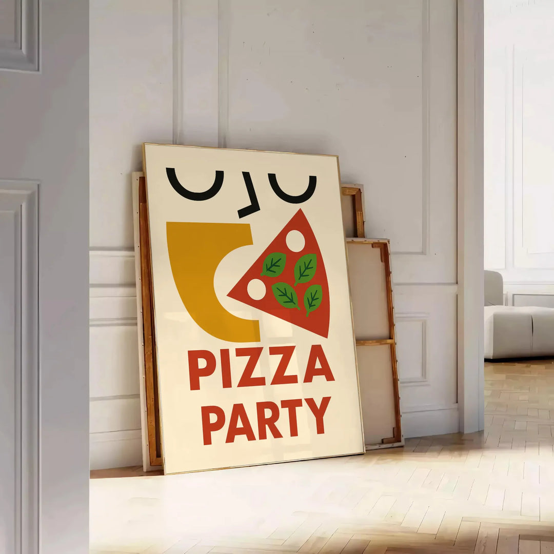 Kitchen pizza party poster, playful illustration with green and red accents