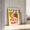 Kitchen pizza party poster, playful illustration with green and red accents