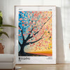 Illustration of a cherry tree in bloom with pink flowers against a blue sky