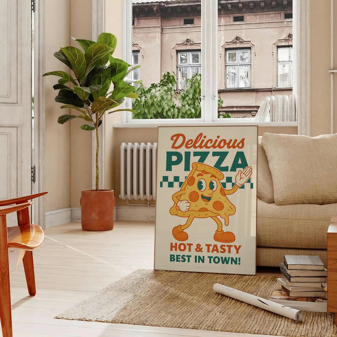 Blue and orange vintage pizza kitchen poster with colorful retro illustration