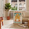 Blue and orange vintage pizza kitchen poster with colorful retro illustration