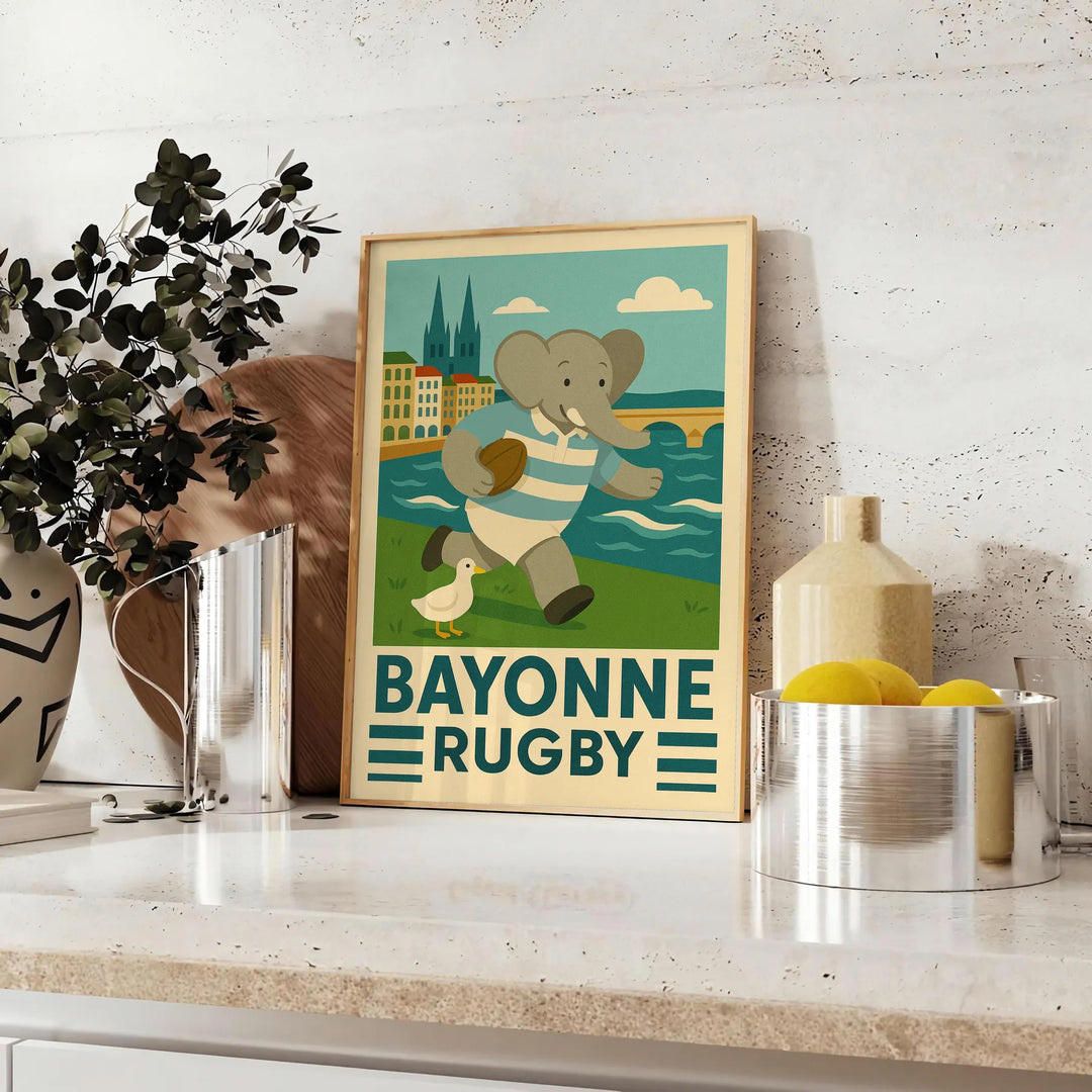 Poster showing a child elephant in vintage art deco rugby illustration
