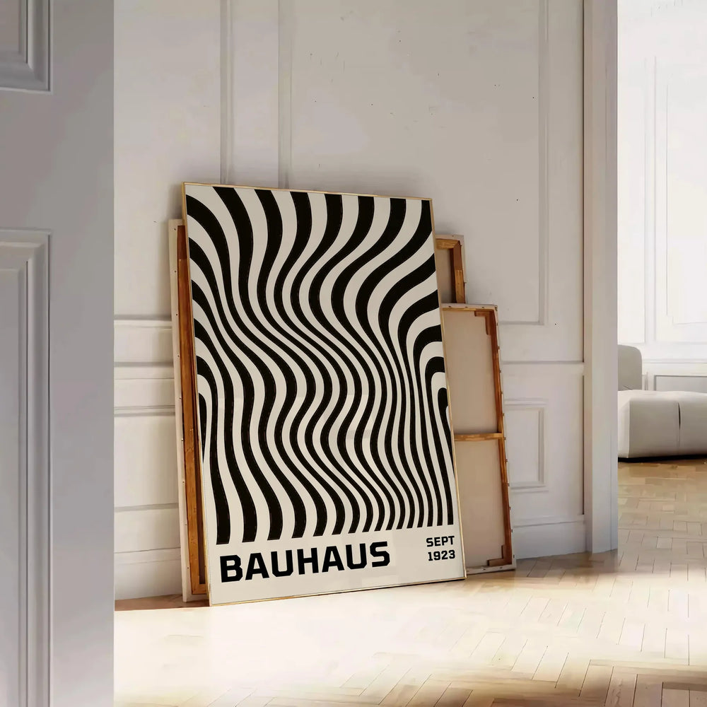 Minimalist Bauhaus poster featuring geometric black lines on a gray background