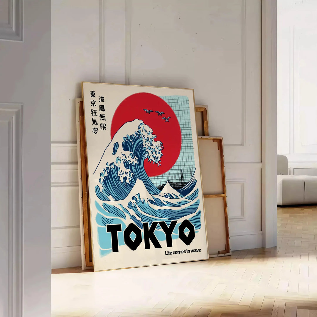 Tokyo Poster, moderne Neon-Skyline in kräftigen Blau- und Rottönen