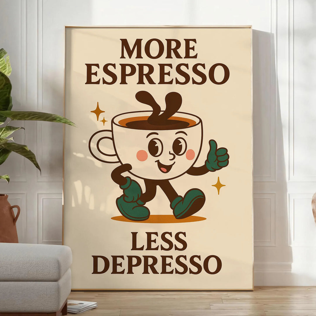 Plakat kuchenne z zieloną i niebieską typografią, przedstawiające 'More Espresso Less Depresso'