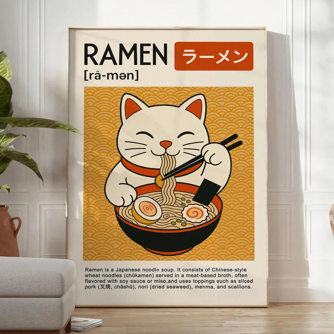 A black and red Maneki Neko surrounded by ramen elements in a graphic style