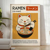 A black and red Maneki Neko surrounded by ramen elements in a graphic style