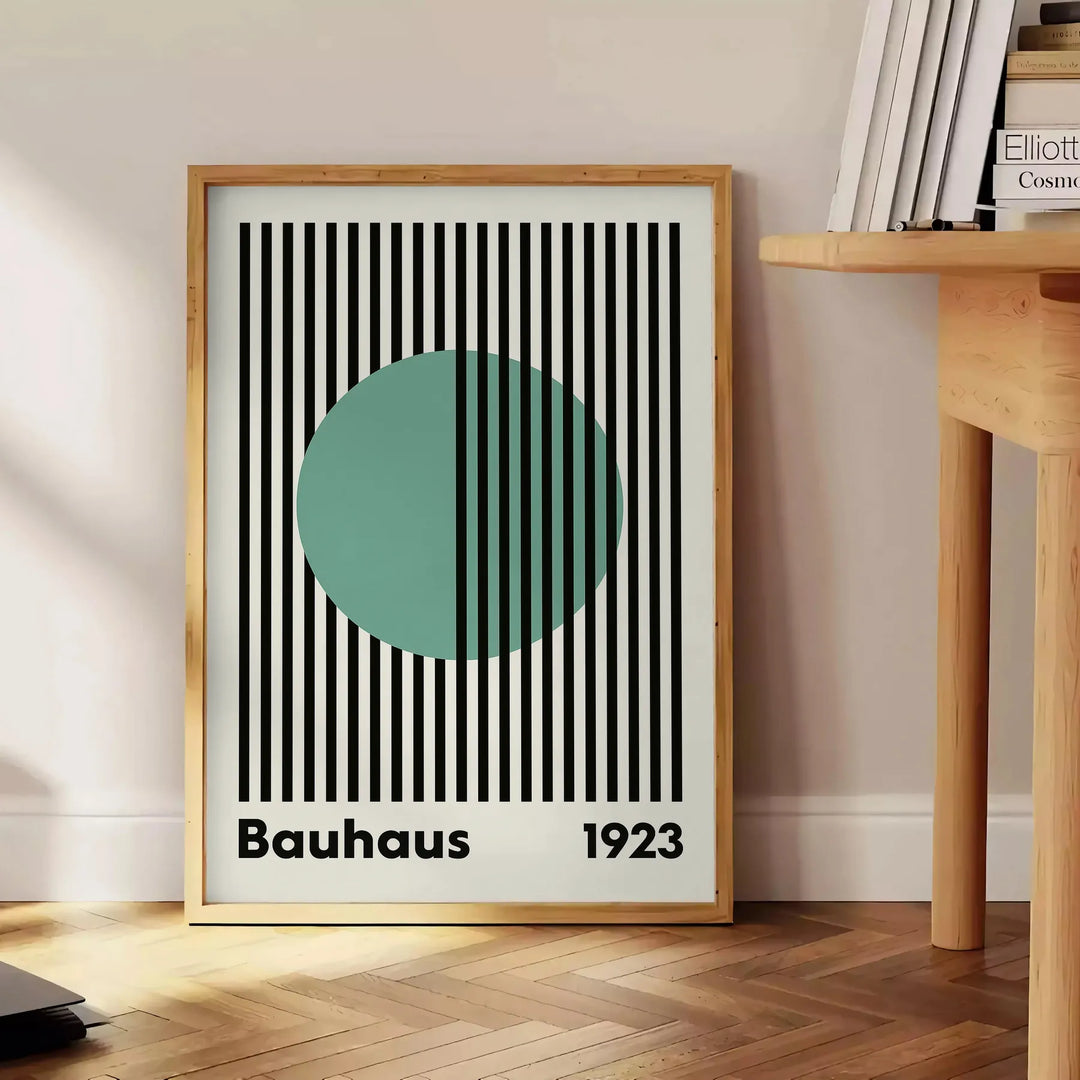 Bauhaus poster with green linear circle, blue and gray geometric minimalism