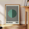 Bauhaus poster with green linear circle, blue and gray geometric minimalism