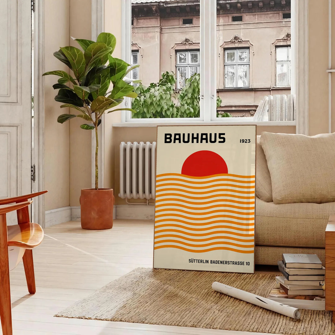 Bauhaus sun poster with red, orange and yellow geometric abstract design