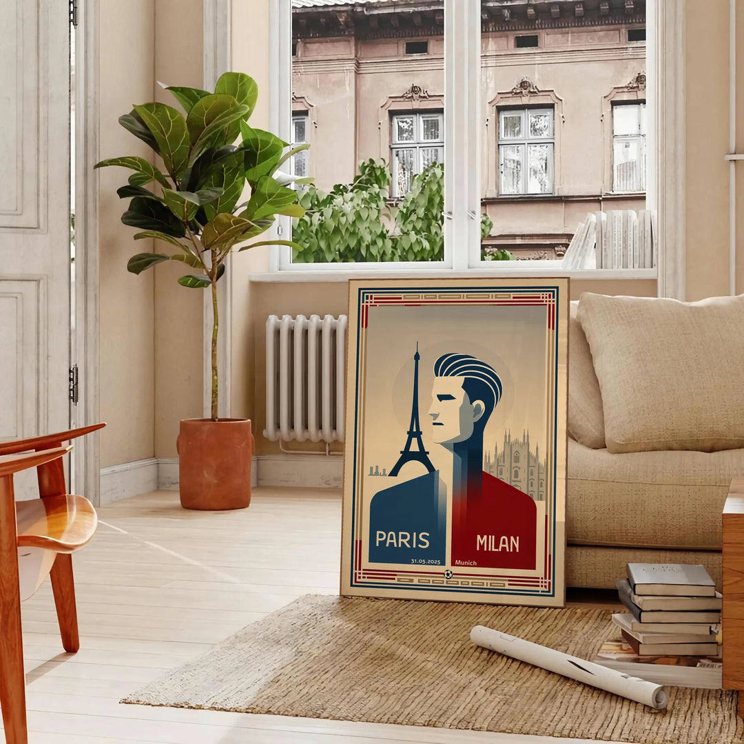 Stylized football poster featuring blue and brown colors for Paris-Milan-Munich match