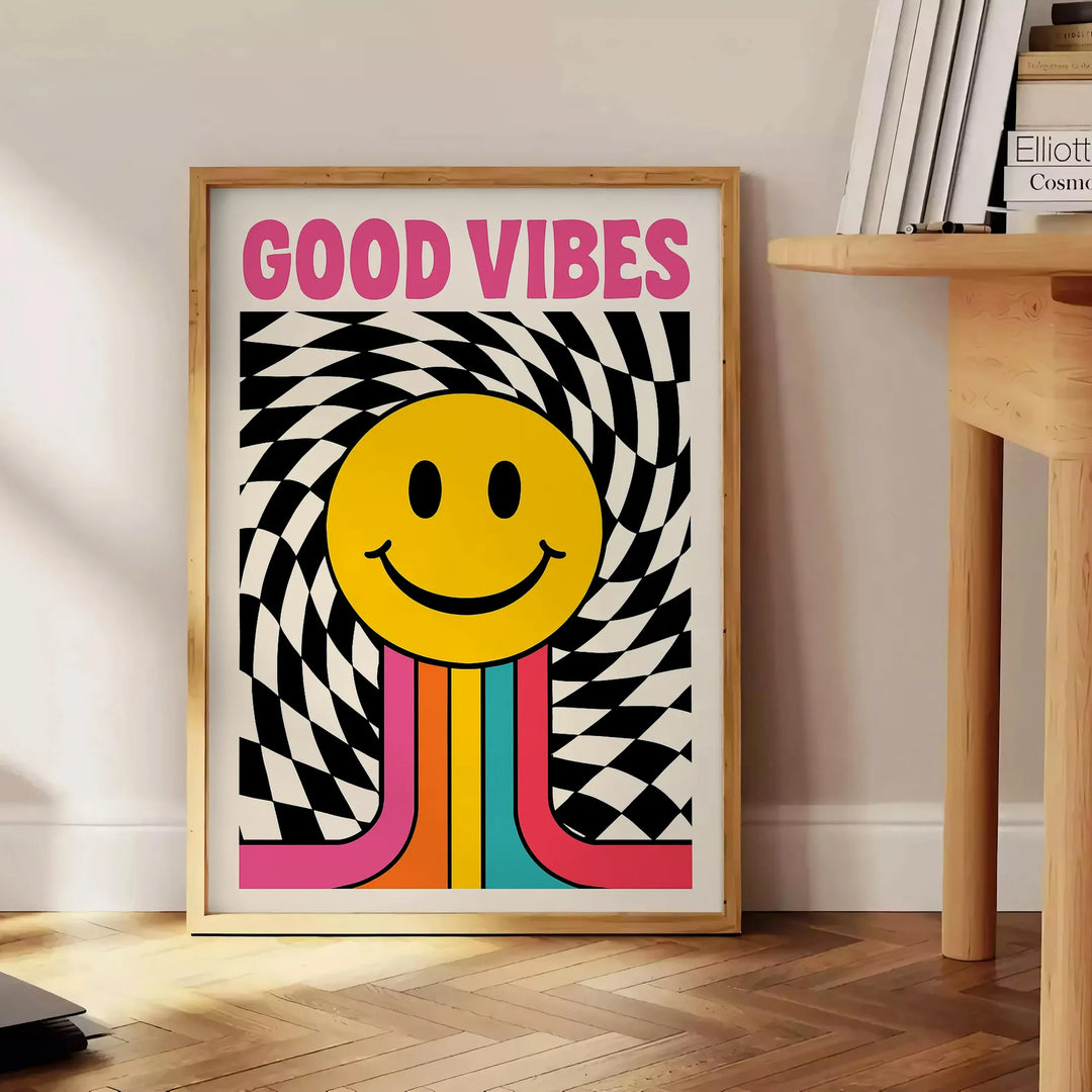 白とオレンジのタイポグラフィで書かれた「Good Vibes」のミニマリストポスター