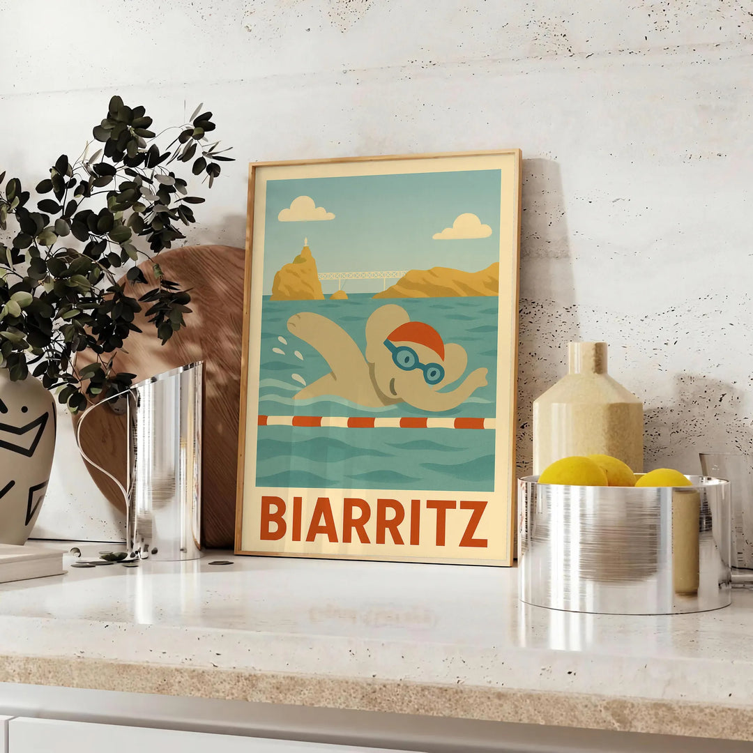 Whimsical illustration of a gray elephant swimming in blue water, Biarritz