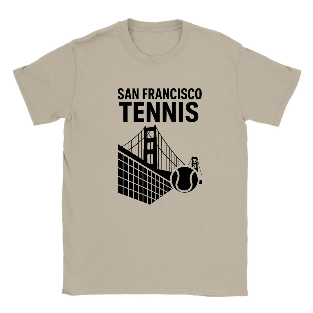 T-shirt featuring a graphic of San Francisco's iconic skyline with tennis elements