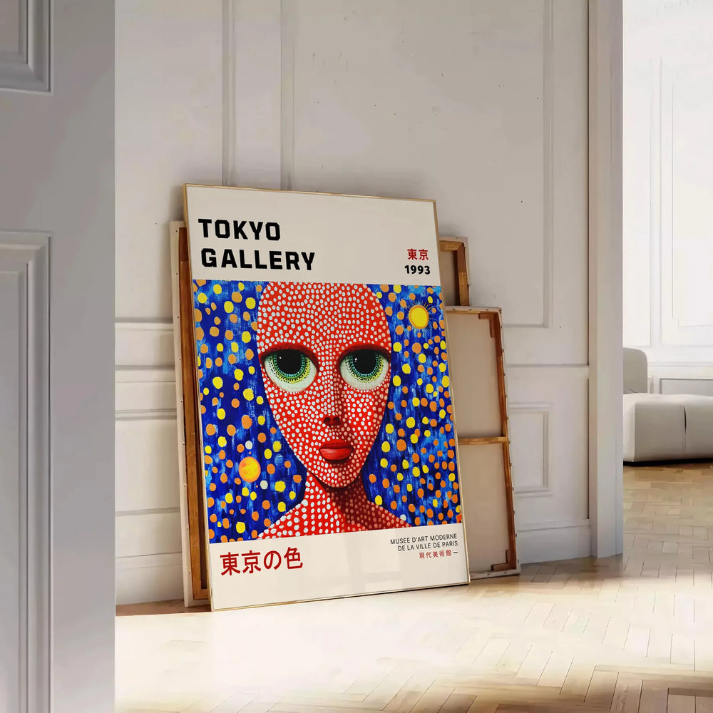 Stylized woman with polka dots in red and blue by Yayoi Kusama