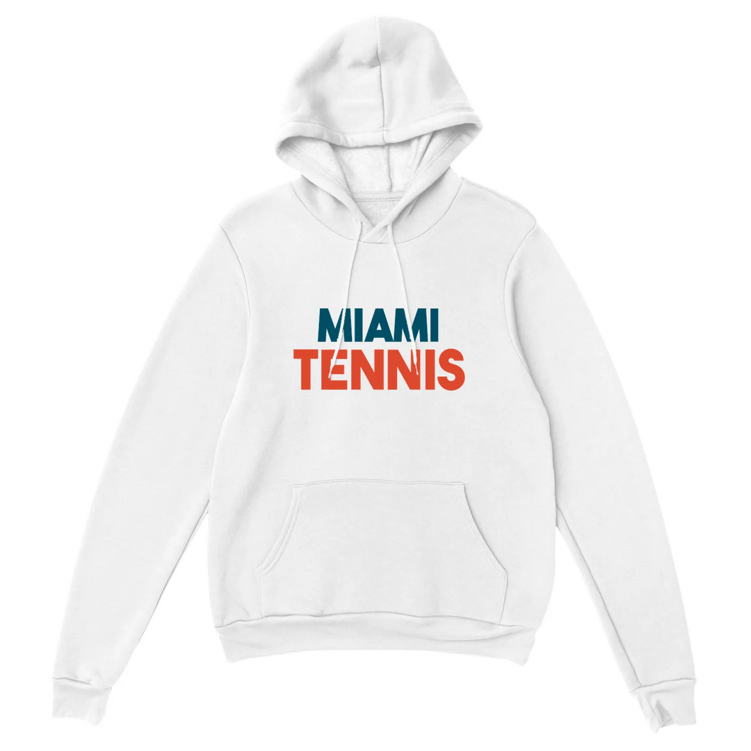 Hoodie featuring a graphic of Miami tennis courts with palm trees