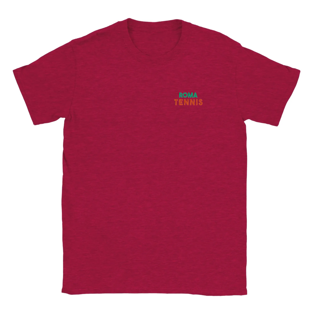 T-shirt featuring an embroidered design of a tennis racket and ball