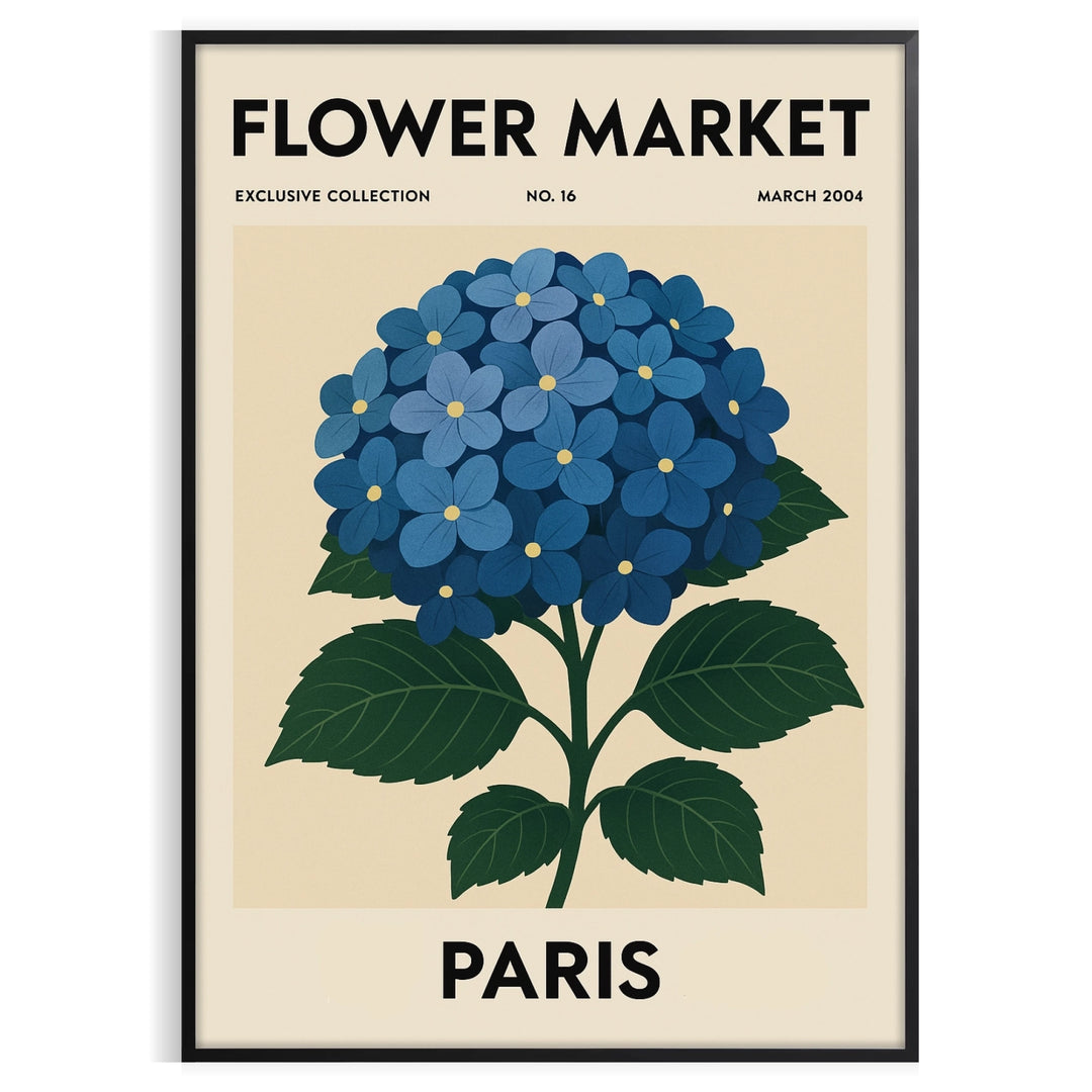 Vintage illustration of a botanical flower market in Paris with blue and gray tones