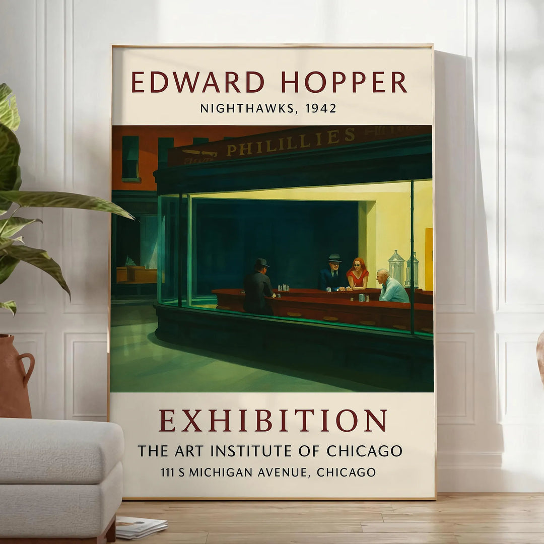 Edward Hopper exhibition poster featuring a realist urban scene with muted gray and orange tones
