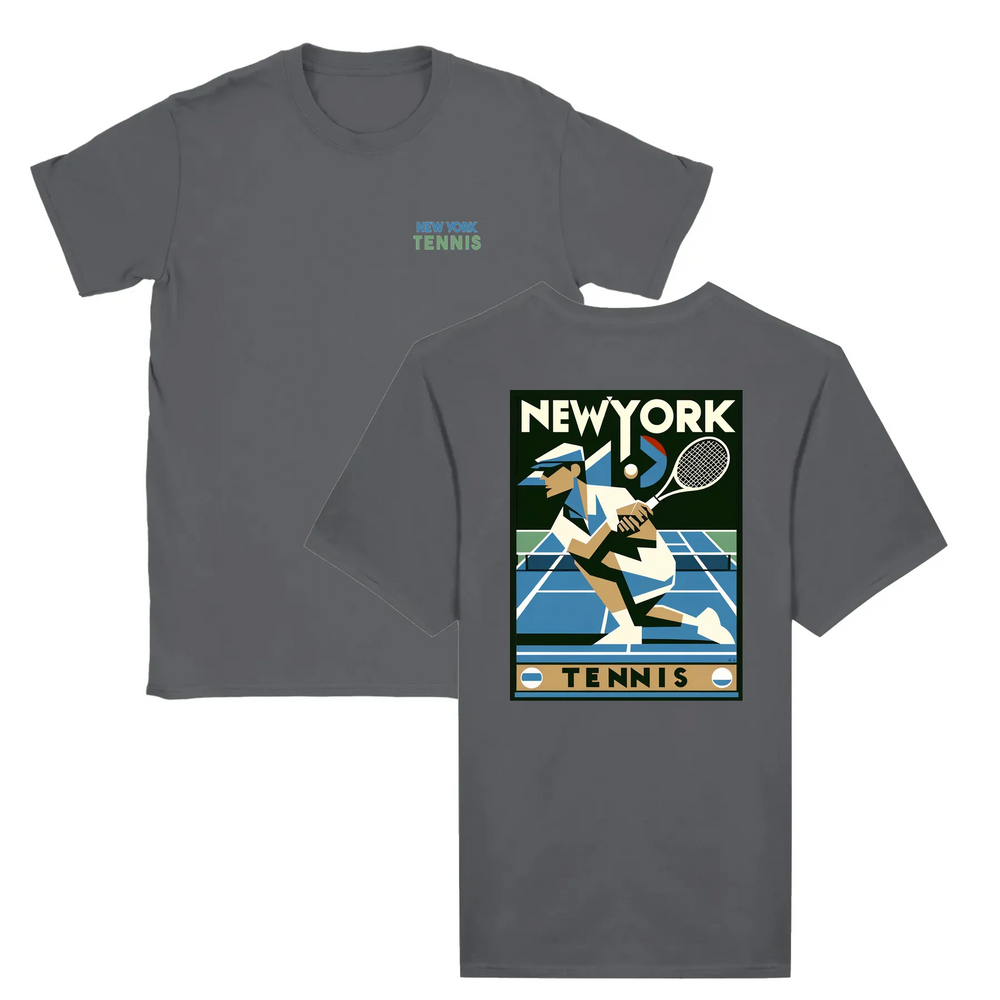 T-shirt featuring a graphic of a tennis player in action against a New York skyline