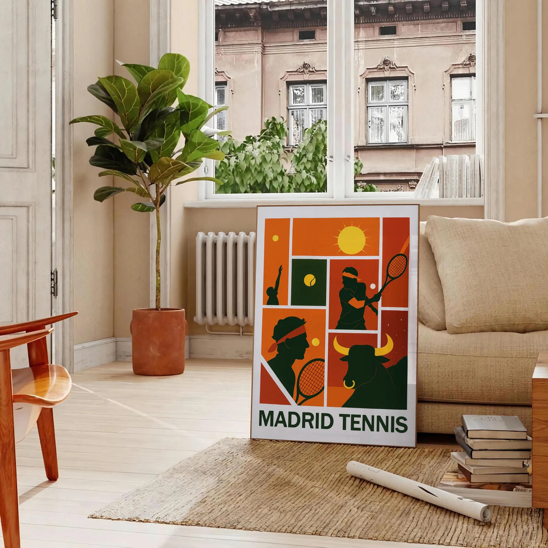 Cartel de Rafa en Madrid, obra dinámica negra y verde tenis