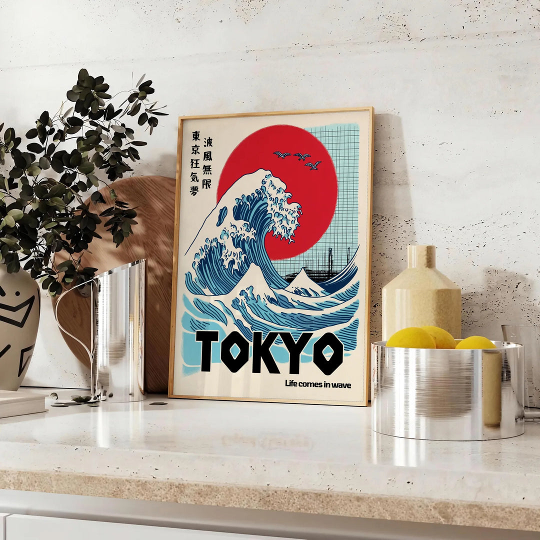 Tokyo Poster, moderne Neon-Skyline in kräftigen Blau- und Rottönen