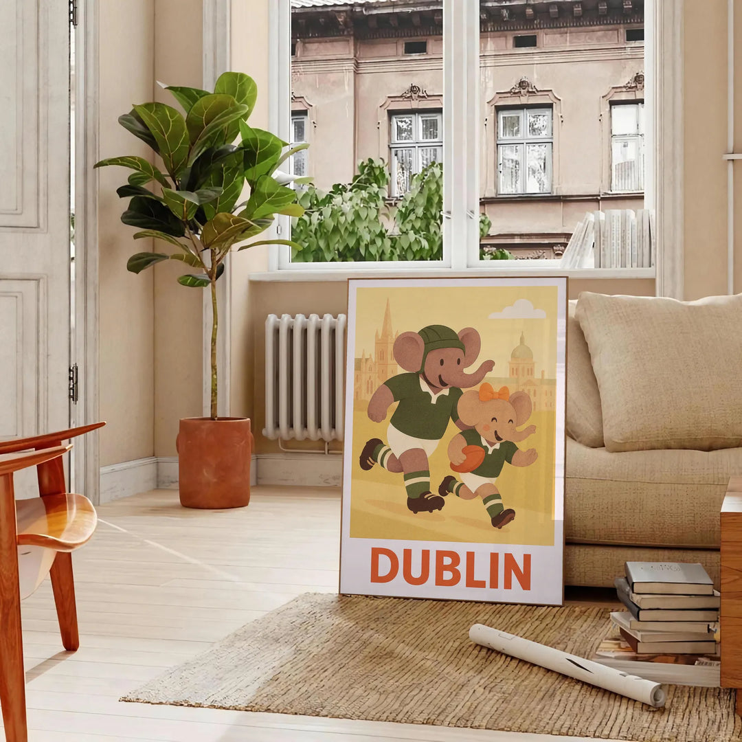 Art Deco illustration of an elephant playing rugby in Dublin