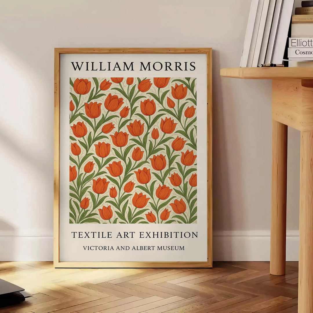 Gray and orange floral pattern in the style of William Morris