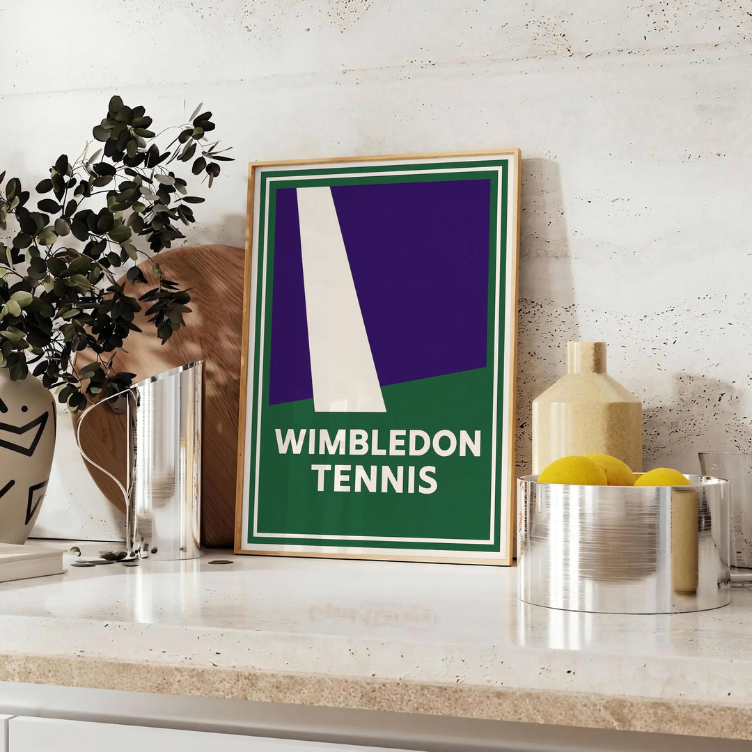 Minimalistyczny plakat Wimbledon tenis w szarości, zieleni i czerni, prosty styl