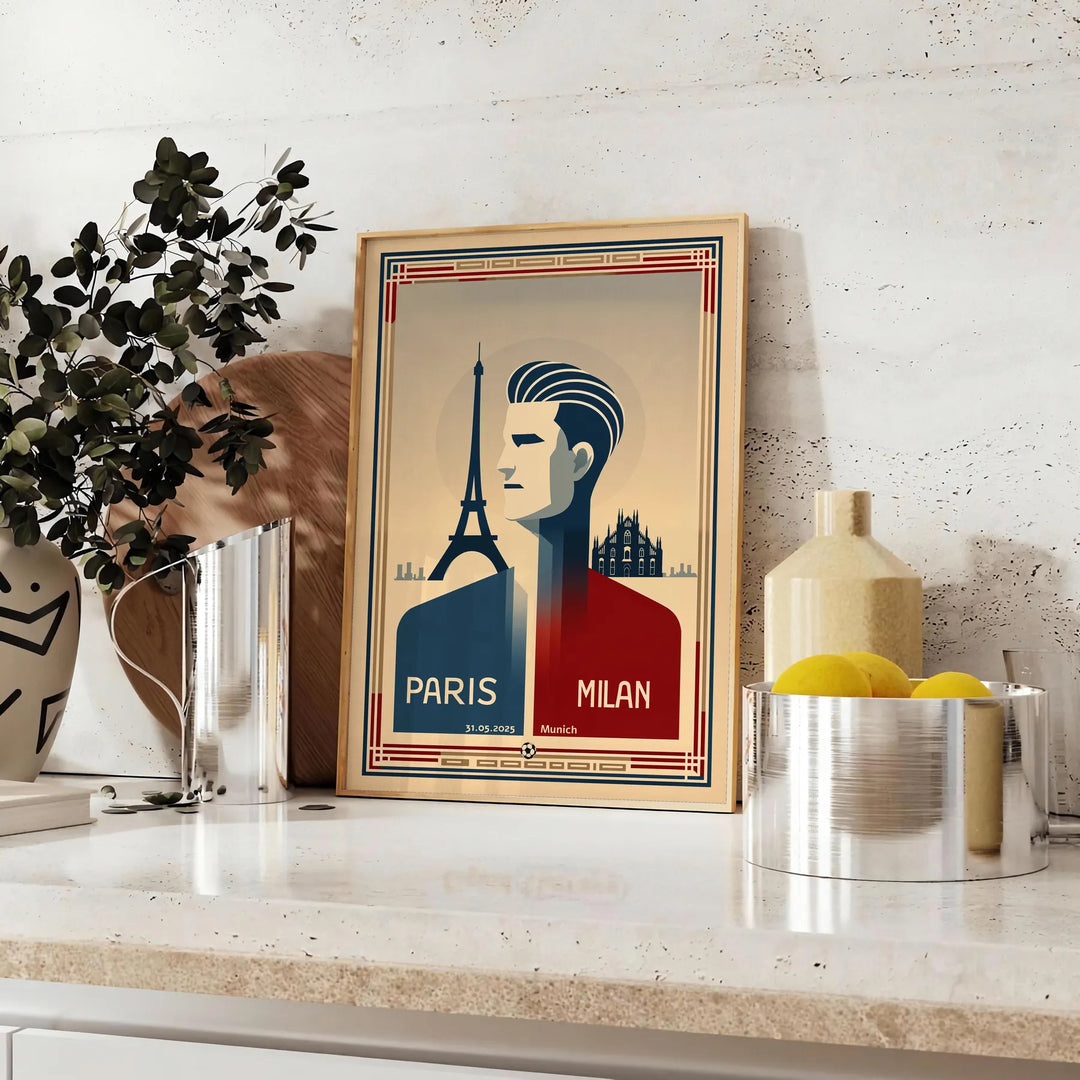 Stylized football match poster featuring Paris, Milan, and Munich on May 31, 2025