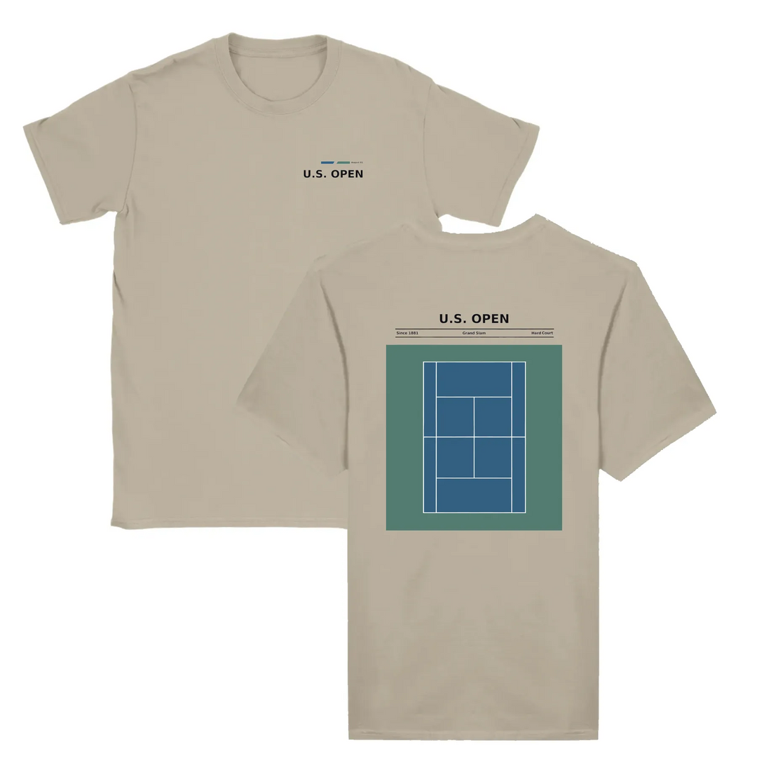 T-shirt featuring a graphic of a tennis player serving at the US Open