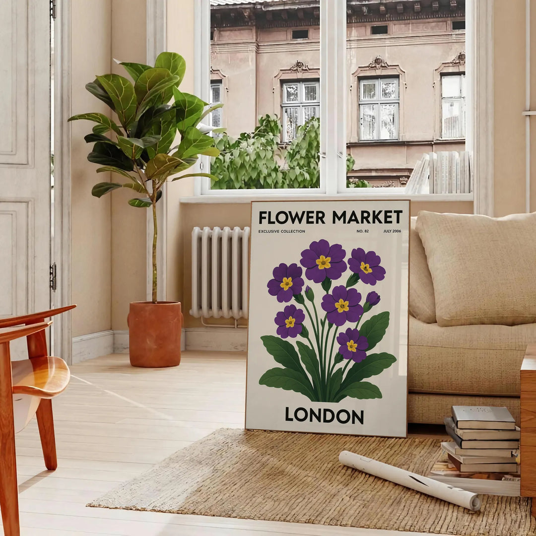 Poster showing London flower market botanical illustration in green and gray
