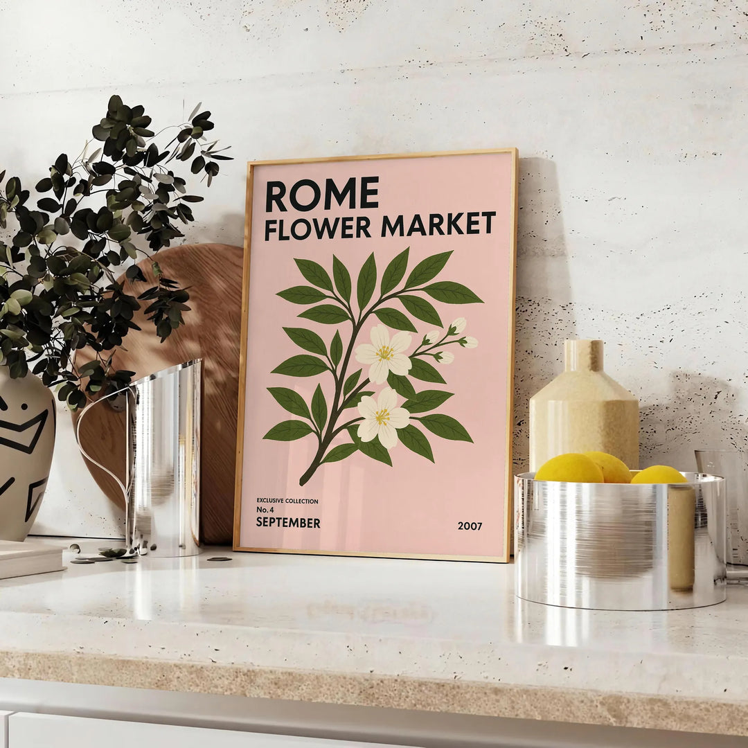 Vintage botanical illustration of flowers from Rome's market with green and gray hues