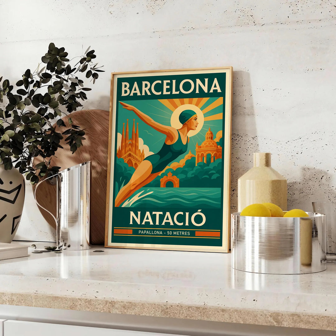 Swimmer diving in front of the Barcelona skyline, featuring yellow and green tones