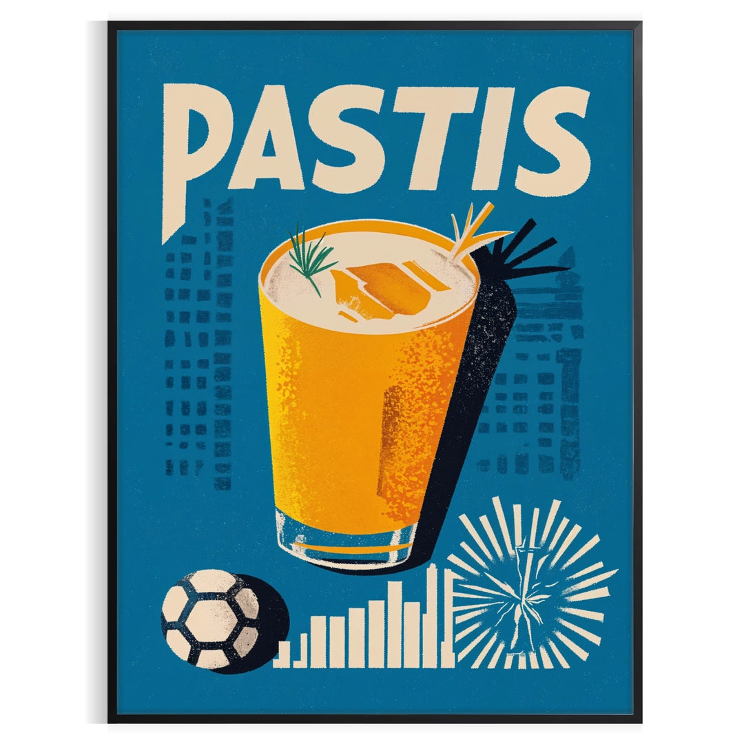 Poster showing a vintage graphic Pastis Marseille cocktail, black and yellow