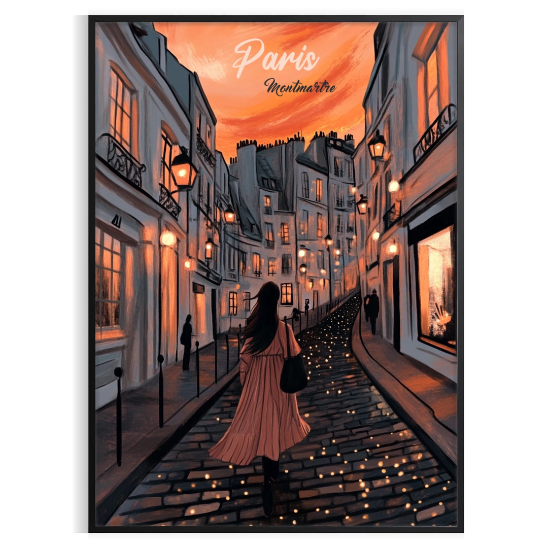 Montmartre Paris illustrated art poster in green and orange, vintage style