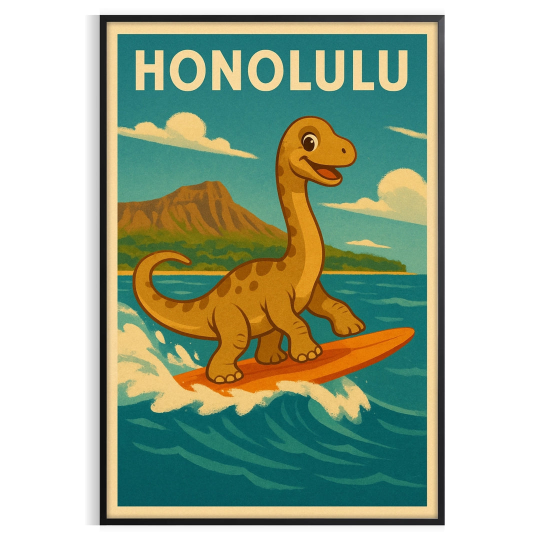 Cartoon dinosaur in green and yellow surfing in Honolulu